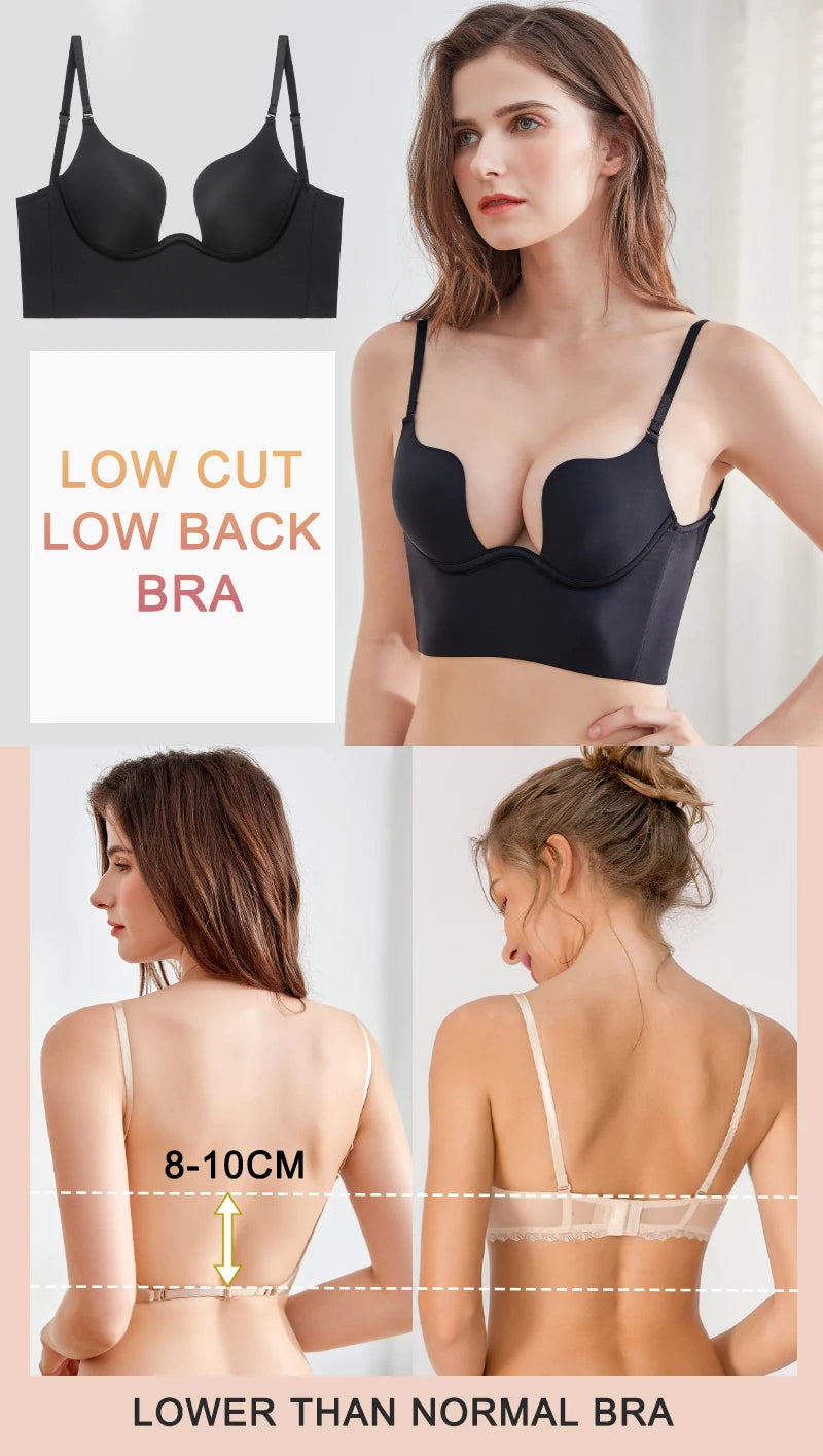 Push Up Bra Backless Women Bras Low Cut Sexy Plunge Brassiere Open Back Wedding Underwear Invisible Seamless Deep U Lingerie