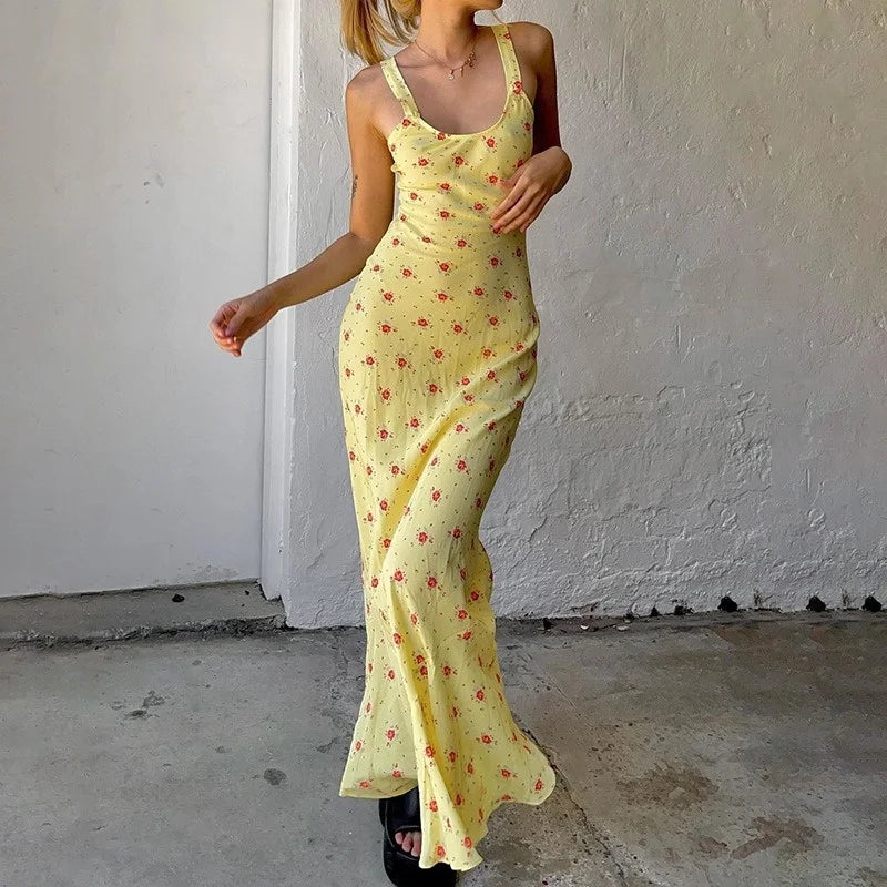 Women Slip Slim  Dress  Lady Elegant  Floral Yellow Long Dress Female Fashion Sexy Beach Vacation Dress