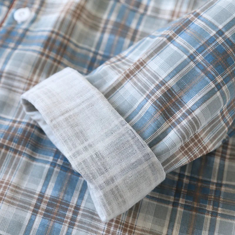 2026 Japanese New Men's Pajama Set Spring/Summer Checkered Simple Long sleeved Two Piece Set 100%Cotton Cardigan Home Furnishing