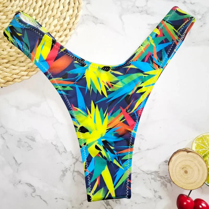 New Floral Print Brazilian Bikini Bottom Women's Swimwear High Waisted Sexy V Thong Swimsuit Bathing Suit Women Swimwear Women