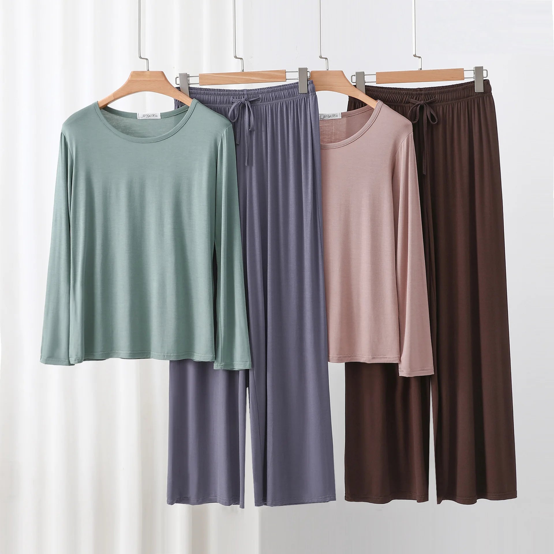 Modal Pajama Sets 2 Piece O-Neck Long sleeved Tshirt and Wide Leg Pant Ankle Length Loose sleepwear set Comfort homewear suits