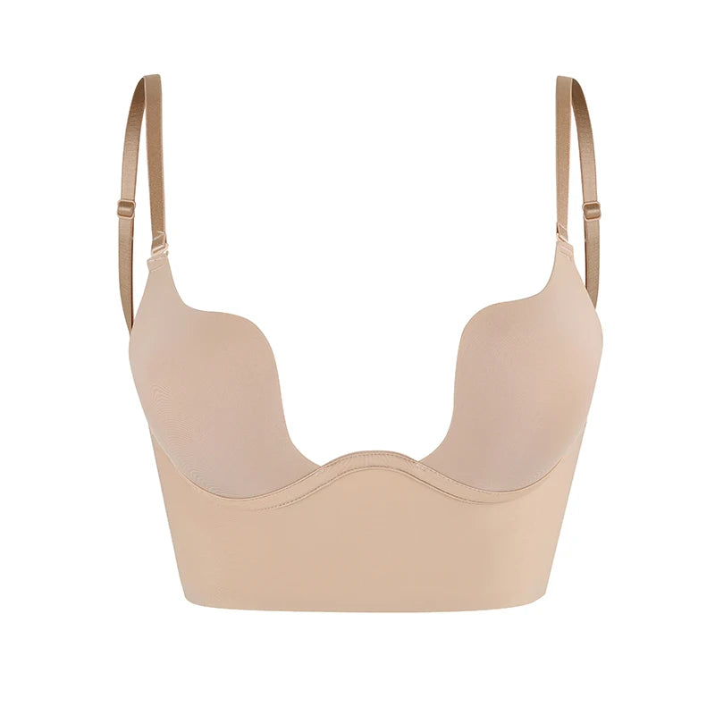 Seam-free Womens Low Cut Plunge Bra Wire Lifting Deep U Shaped Multi-Way Push Up Convertible Plunge Backless Sexy Bra