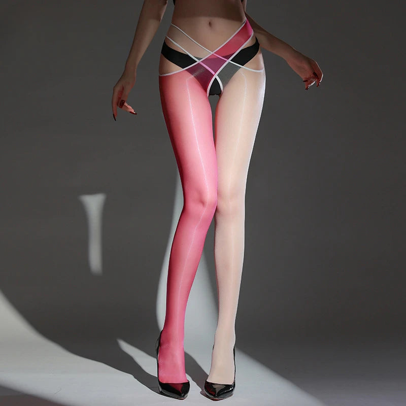 Women Sexy Stockings Oil Shiny Glossy Transparent Pantyhose Elastic Separate Cross Waisted Hollow High Socks Exotic Lingerie