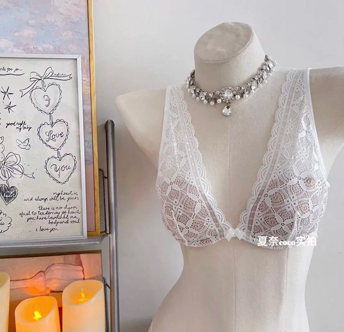 Sexy Lace Lingerie Set Deep V Plunge Bra Wireless Comfort Bralette Matching Bra Panty Set Women