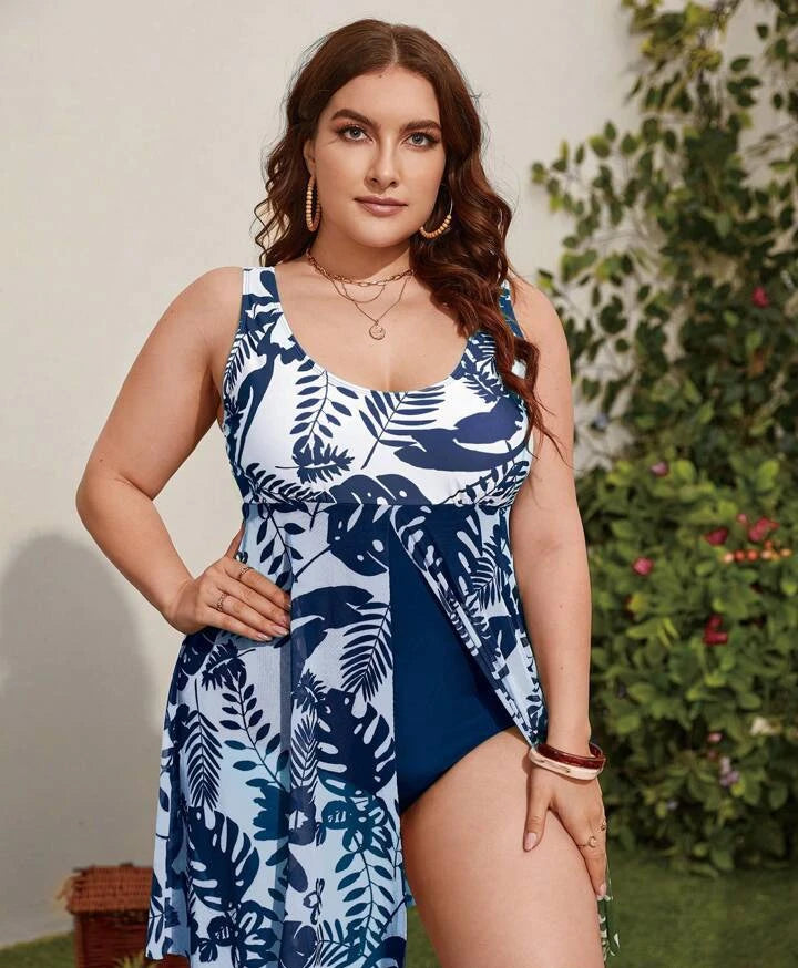 Plant Print Split Hem Monokini Flattering Plus Size One-piece Swimsuits for Women U-neck Summer Skirt Style Split Bathing Suit