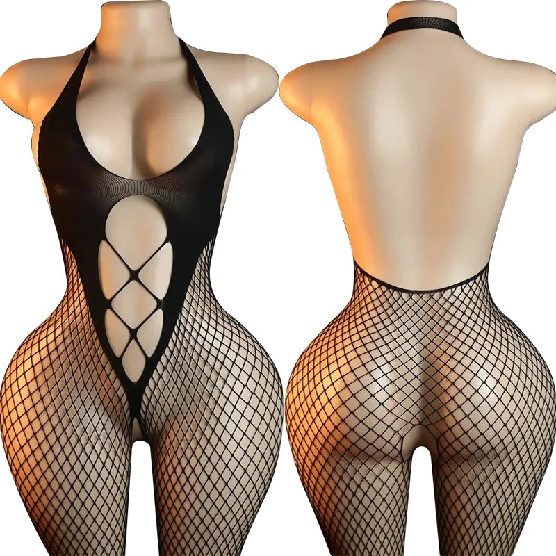 Sexy Crotchless Lingerie Full Sleeve Bodystockings Mesh Transparent Babydolls Underwear Erotic Fishnet Hollow Baby Dolls Dresses