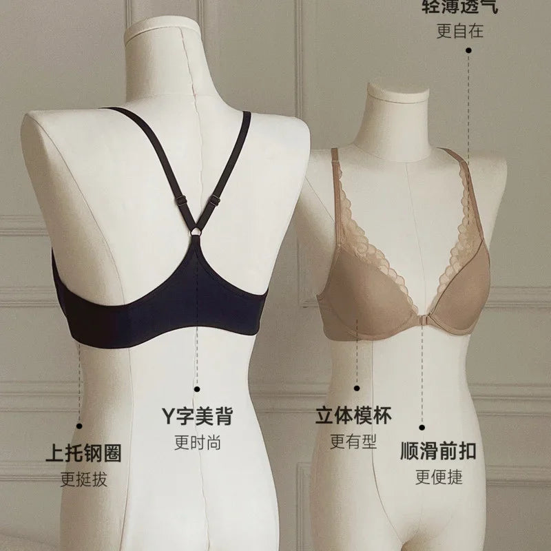 Front Closure Lace Gathered Sexy Bra Breathable Thin Hollow Out Push Up Women's Bras Summer Seamless Lingerie