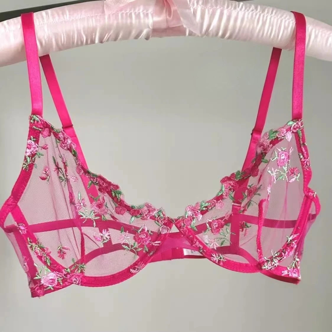 Sexy Lingerie Set - Pink French Lace Bra|G-stringFloral Embroidery Women's Underwear,Sweet Push Up Bra Set,Valentine's Day Gift