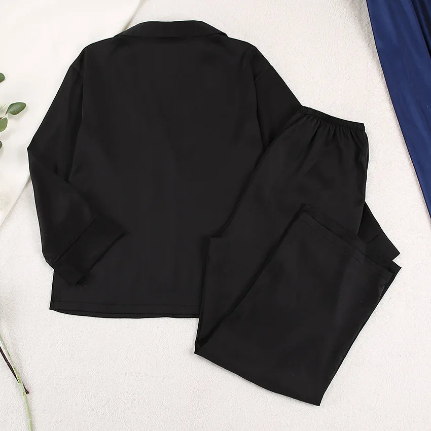 Two Pieces Women Pajama Sets Single Breasted Blouses Lounge Full Sleeve Spliced Straight Pants Casual Solid Lady Sleepwear