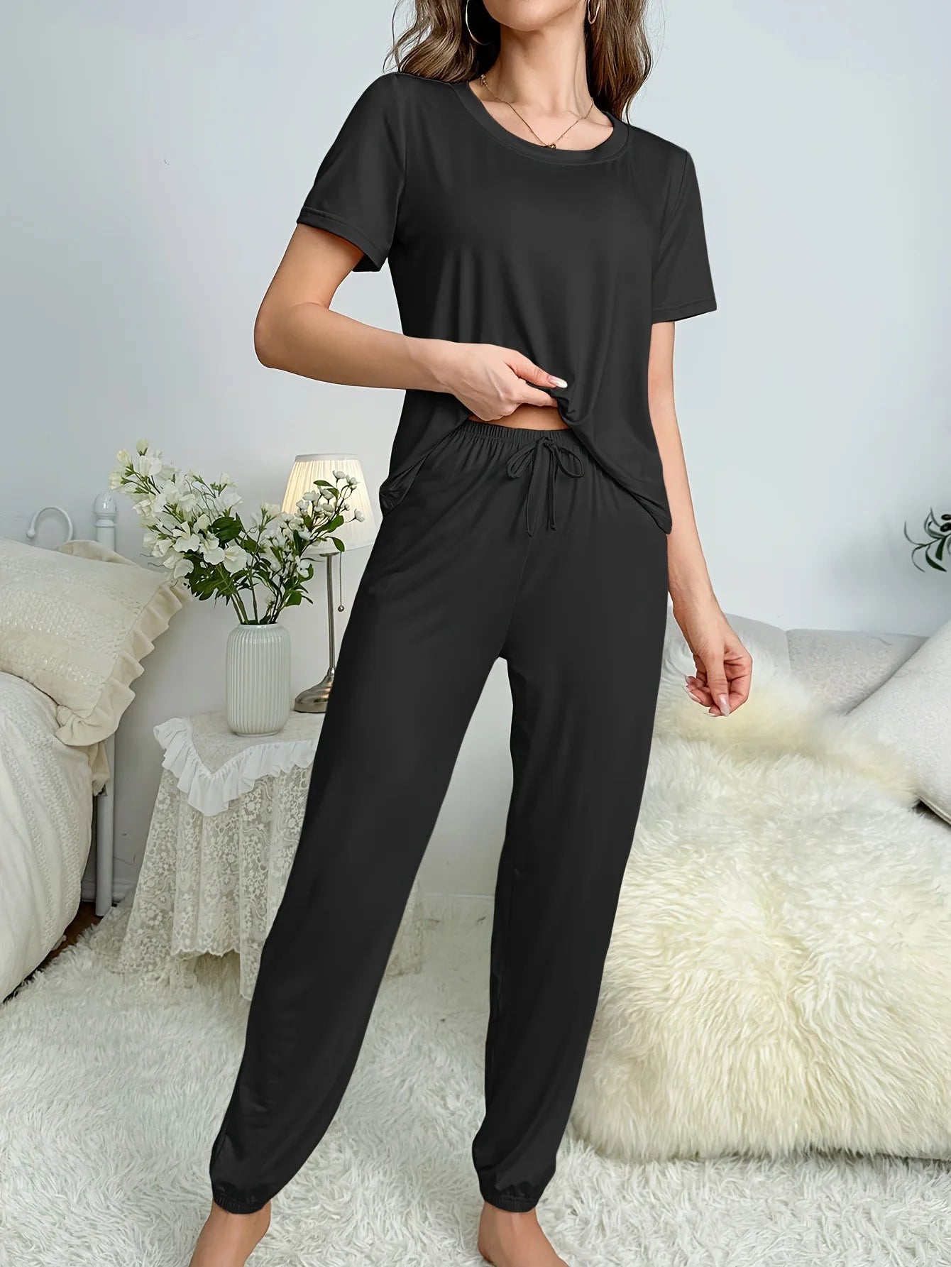 Women's Pajamas Set Solid Color Short Sleeve O Neck T-Shirt+Trousers 2 Pieces Suit Sleepwear Soft Loose Pijama Female Loungewear