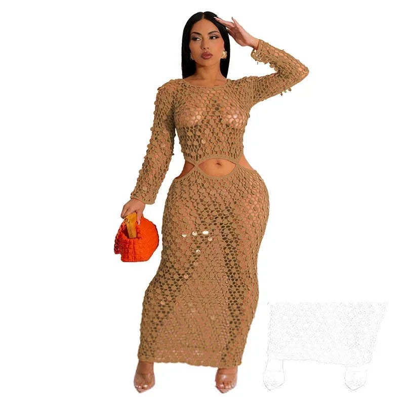 Sexy Party Dresses Sequined Crochet Knitted Beach Dress for Women Summer See-through Cover Up Bodycon Maxi Dress Vacation Club