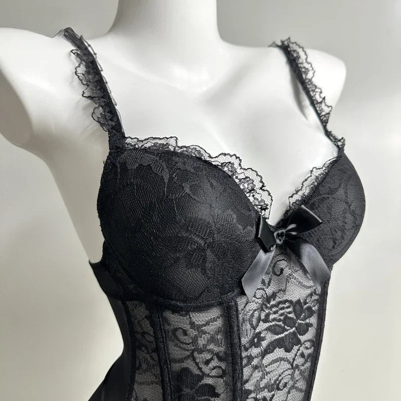 Black Corset Lingerie Dress Women Sexy Overbust Push Up Corset Lace Fishbone Corset Transparent Bustier Clubwear Lingeries 2025