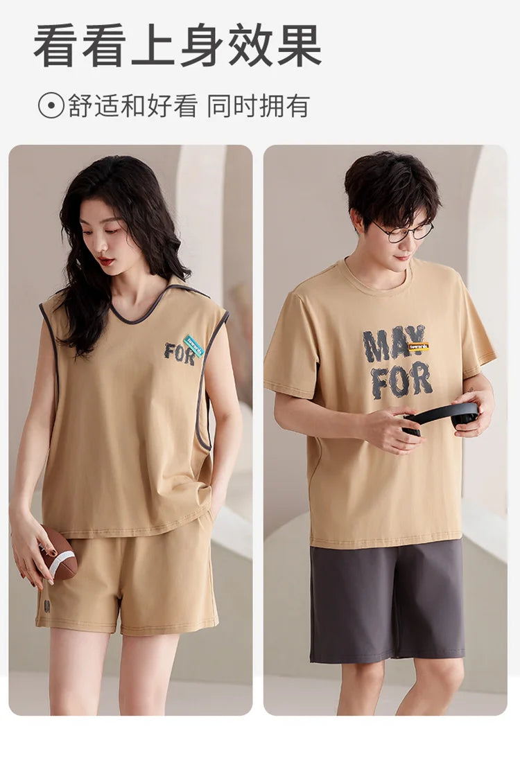 Couple Pajama Set Summer 100% Cotton Pyjamas Men and Women Sleeveless Pijamas