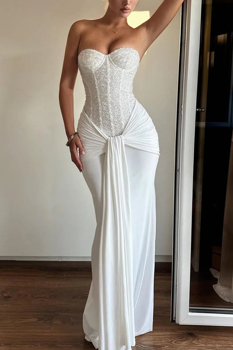 Sexy Women Sequins Party Wedding Dress Elegant Off Shoulder Slim Lace Graduation Ceremoney Mermaid Bodycon Corset Long Dress