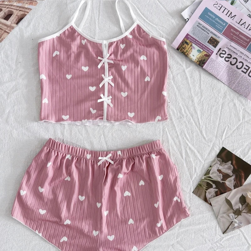 Women's Pajama Set Heart Print Soft Ribbed Fabric Sleepwear with Flirty Frill Trim Casual Cami Top and Shorts Sets Loungewear