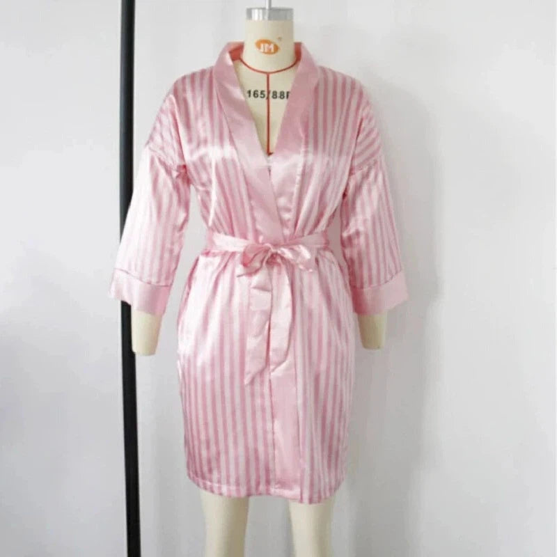 Women's Sexy Lingerie Robe Pink Striped Satin Short Nightwear Bathrobe Sleepwear Homewear Bridesmaid For Ladies Pajama party