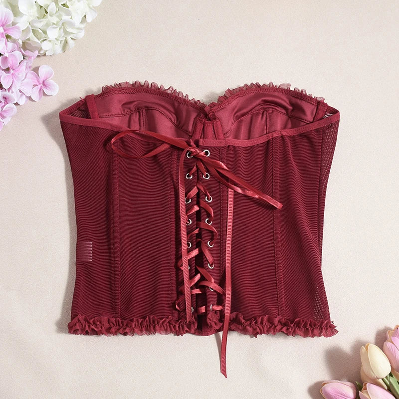 Women Sheer Lingerie Streetwear Lace-up Bustier Corset Tops Slim Backless y2k Tank Top Strapless Striped Sheath Sexy Camisole