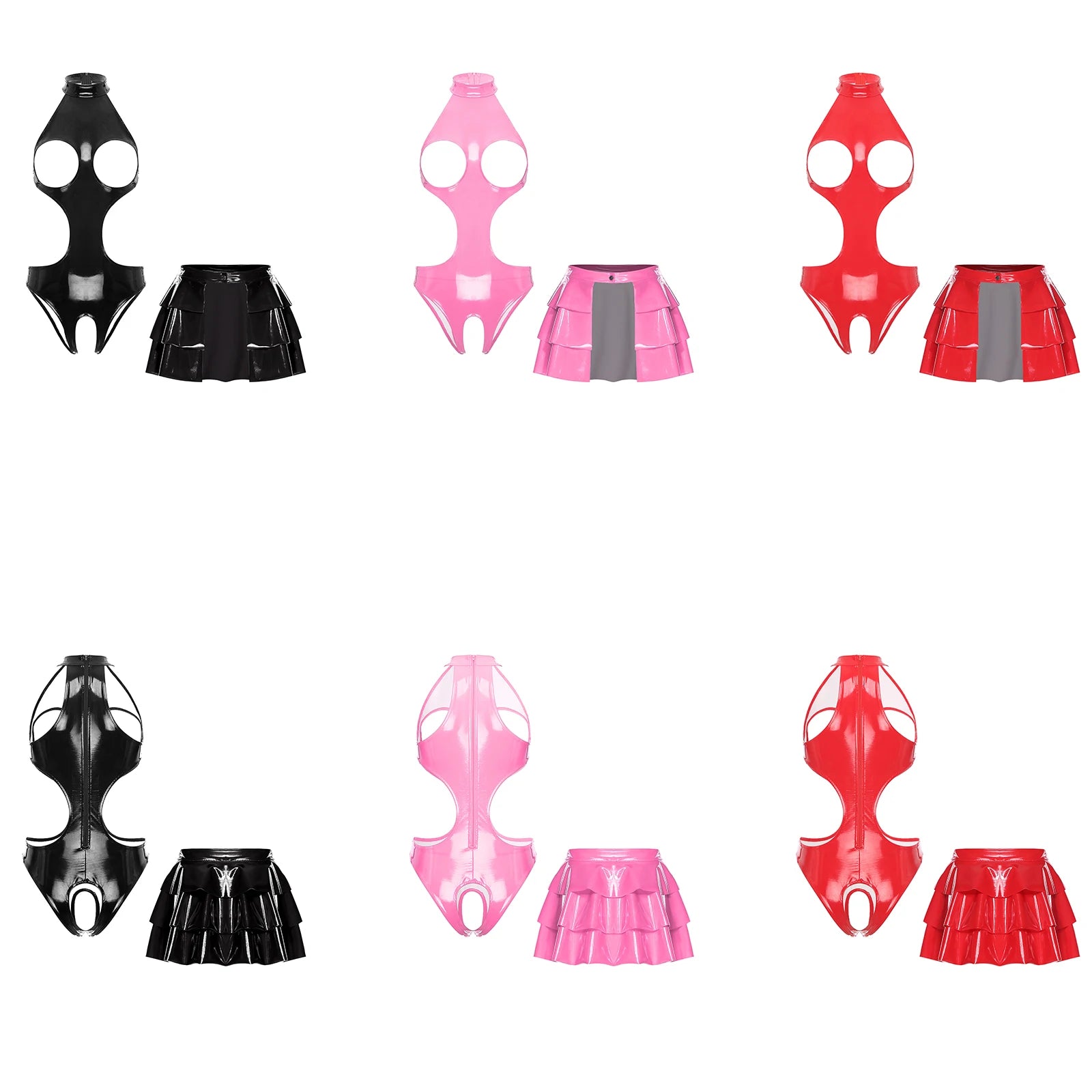 Womens Lingerie Set Bare Breast Open Crotch Bodysuit Ruffled Hem A-line Miniskirt with Wet Look Clubwear Pu Leather Rave Outfits