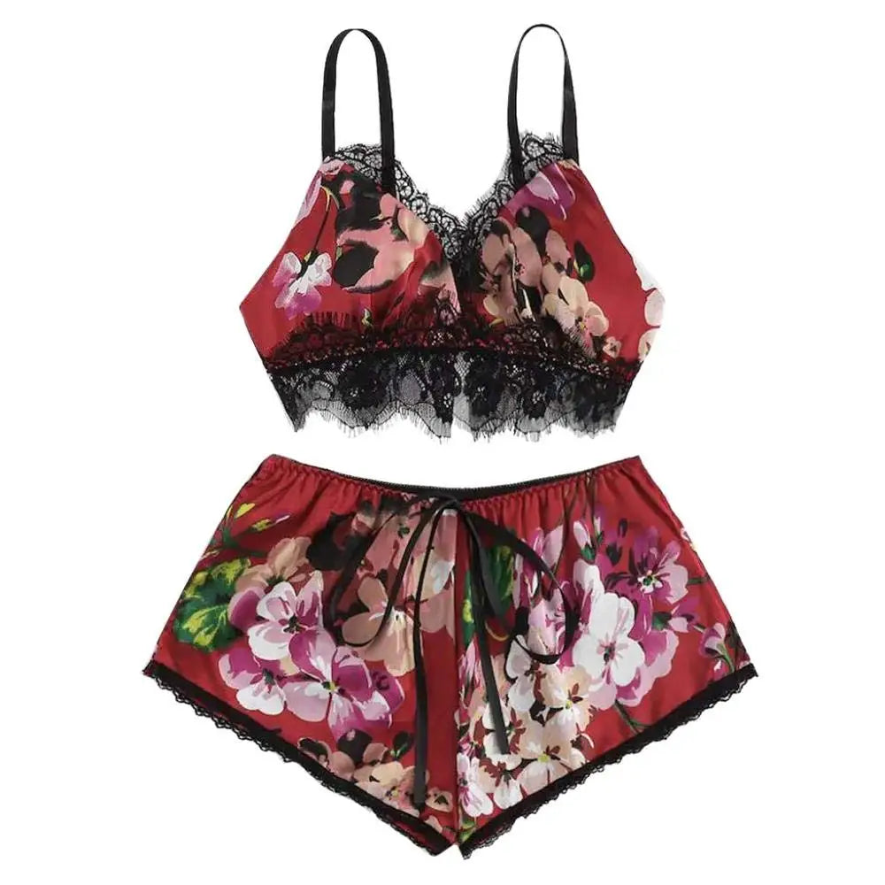 2 PCS Sexy Lace Lingerie Set for Women Floral Print Cami and Lace Strap Sleepwear Sexy Nightwear for Comfort and Seduction