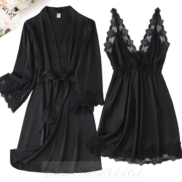 Sexy Lace Twinset Robe Set Nightgown Silky Satin Home Dress Lounge Wear Summer Female Sleepwear Kimono Bathrobe Gown Lingerie