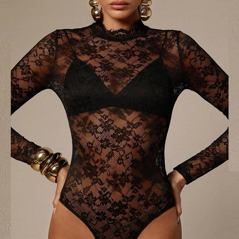 Sexy Lace Bodysuits For Women Fashion Clubwear Long Sleeve Slim See Through Romper Female Jumpsuit Lady Playsuit White Shirt