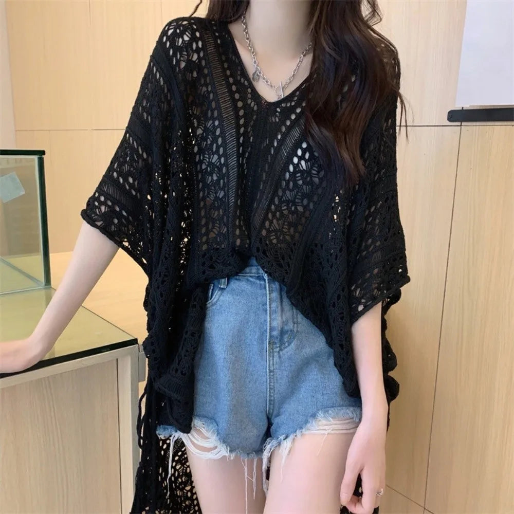 Leisure Oversized Hollow Out Swimsuit Cover Up V-neck Loose Knitted Bikini Cover Up Bohemian Style Mesh Beach Wear Summer