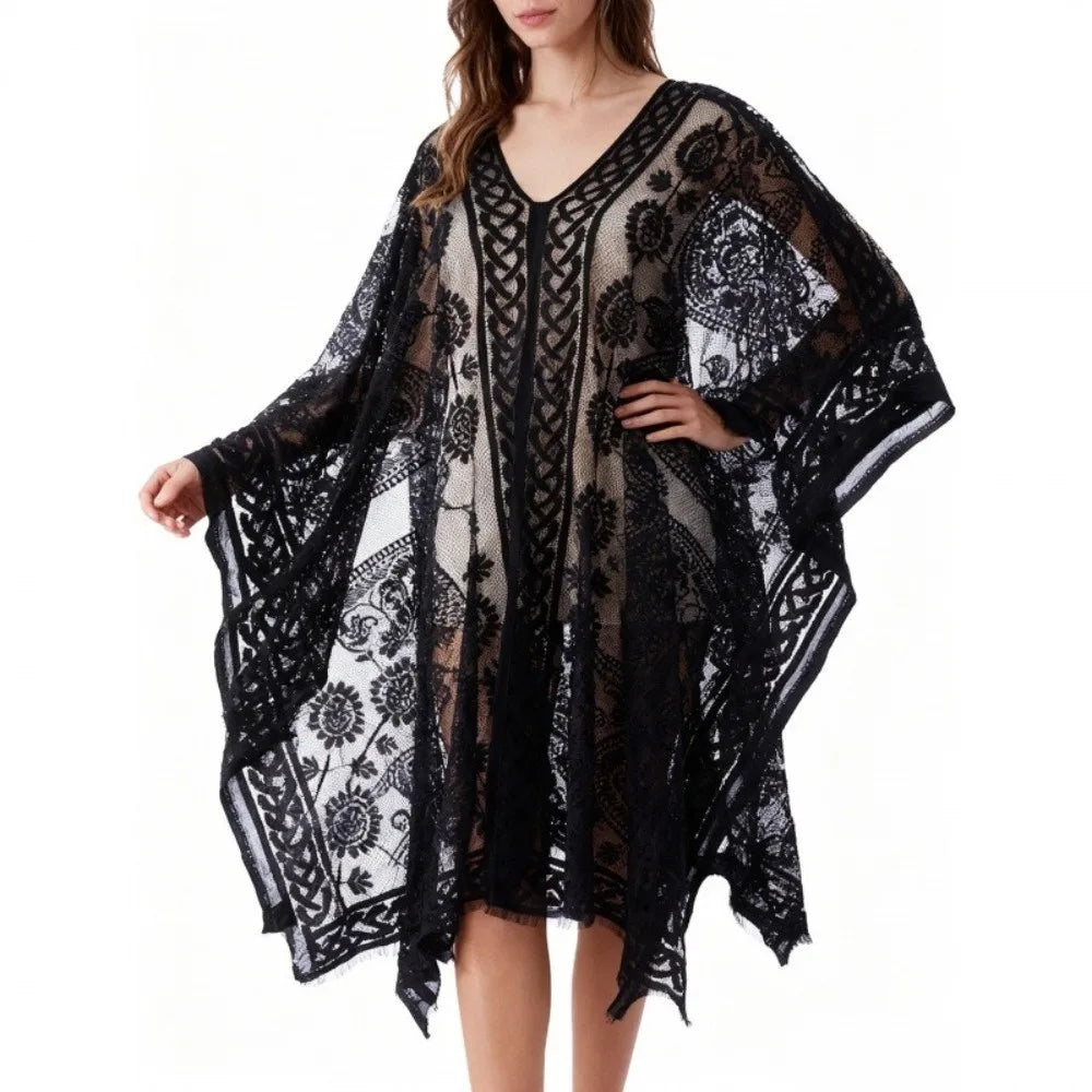 Breathable Lace Mesh Sunscreen Beach Cover Up Plus Size Casual Bohemian Shawl Floral Transparent Swimsuit Cover Up Lady