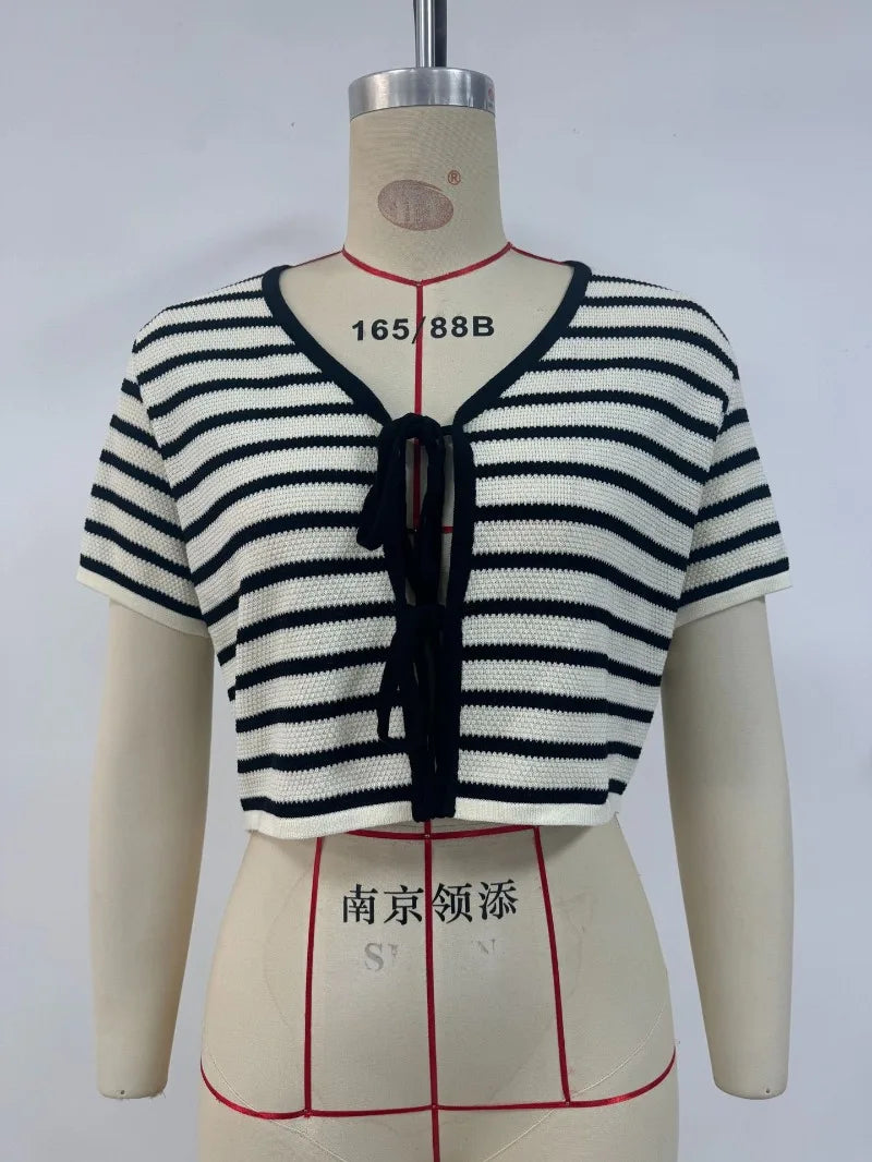 white black stripes short sleeve blouse for women turn-down collar V-neck cropped summer bikini tops hot girl boho beach tops