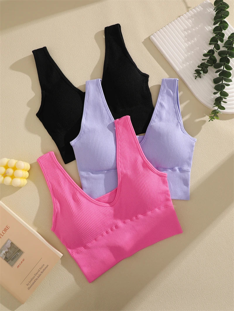 Sports Yoga Women's Bra Ribbed Shockproof Fitness Workout Bralette Sexy Elastic Backless Underwear Push-Up Bra Sportswear Tops
