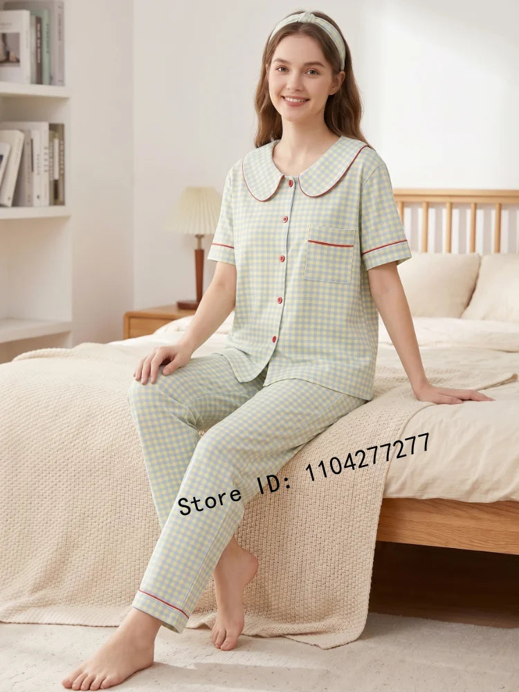 Three-Piece Women's Pajama Set, Plaid Button-Down Loungewear, Short Sleeve Cardigan Sleepwear, Casual Home Wear
