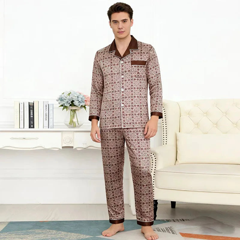 2PCS Men's Geometric Print Pajama Set Loungewear Spring New Thin Polyester Ice Silk Sleepwear Plus Size Homewear Pijamas Suit