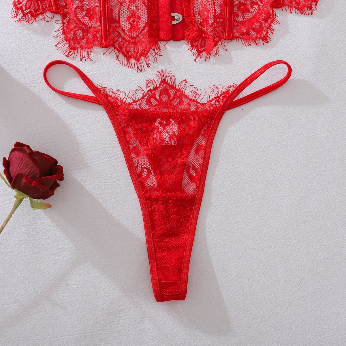 2025 new product: two-piece lingerie set for women, featuring eyelash lace, wavy low-cut fishbone design, and sexy body-shaping