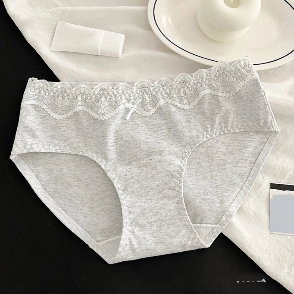 Lingerie Bow Lace Cotton Panties Transparent Seamless Underwear for Women Mid Waist Soft Floral Lace Briefs Spring Summer