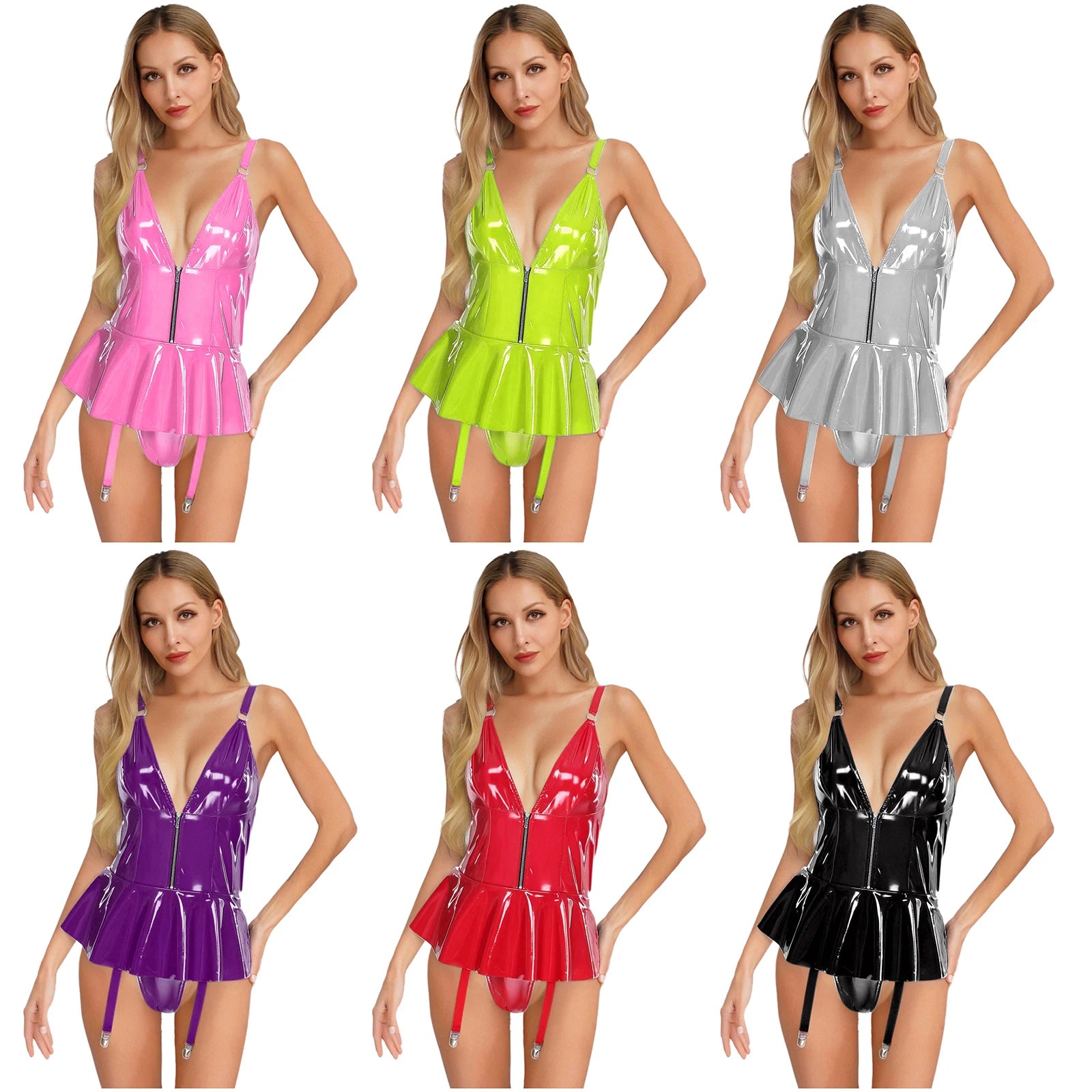 Womens Lingerie Latex Mini Dress Built-in Briefs Garters V Neck Front Zip Back Lace-up Bodysuit Glossy Sling Wetlook Clubwear