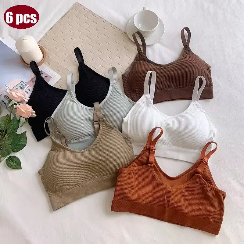 6 pcs seamless ribbed fabric bra with padded cups for shaping the bust, sheer top, back support, adjustable shoulder straps br