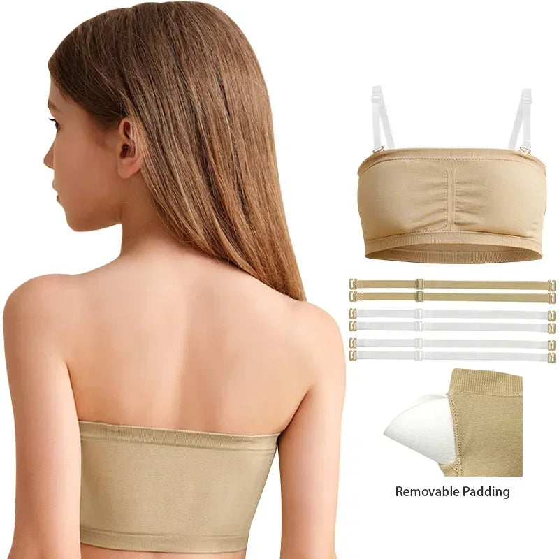 Girl Ballet Dance Bras Seamless Wireless Elastic Bras Adjustable Replace Clear Straps Removable Sponge/Silicone Chest Padding ﻿