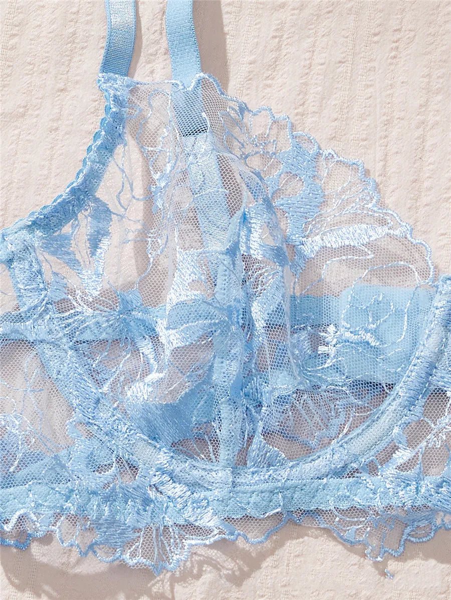 Sexy Lingerie Set Embroidery Romantic Bra Brief Set Transparent Underwear Thong New Fashion Lace See Through Blue Exotic Sets
