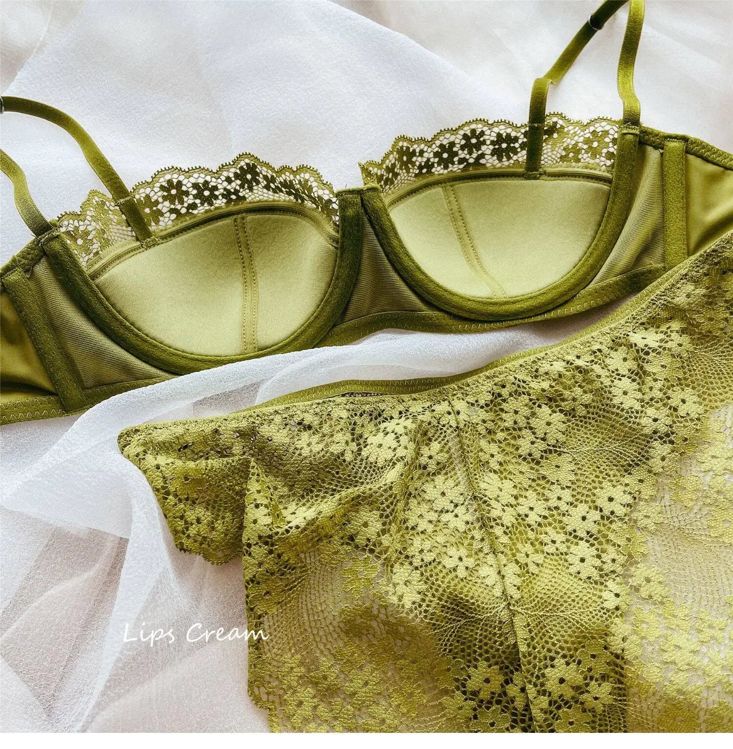 Elegant Sexy  Sheer Lace Balconette Minimizer Bra Set Underwire Push Up Anti-Sagging Side Support Bridal Lingerie for Big Bust