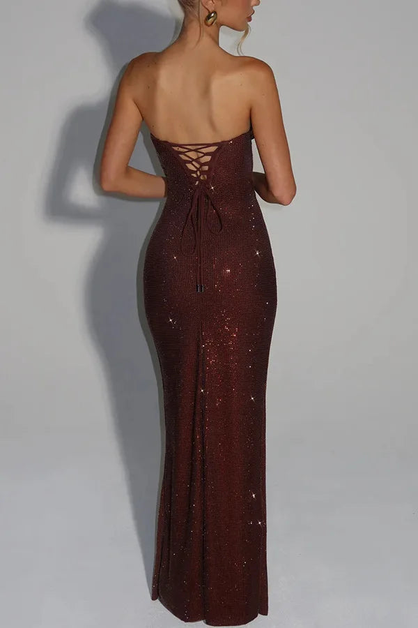 Sexy Socialite Sequin Tube Top Evening Dress Folds Low Cut Backless Leace-up Package Hip Slim Party Dresses Banquet Vestidos