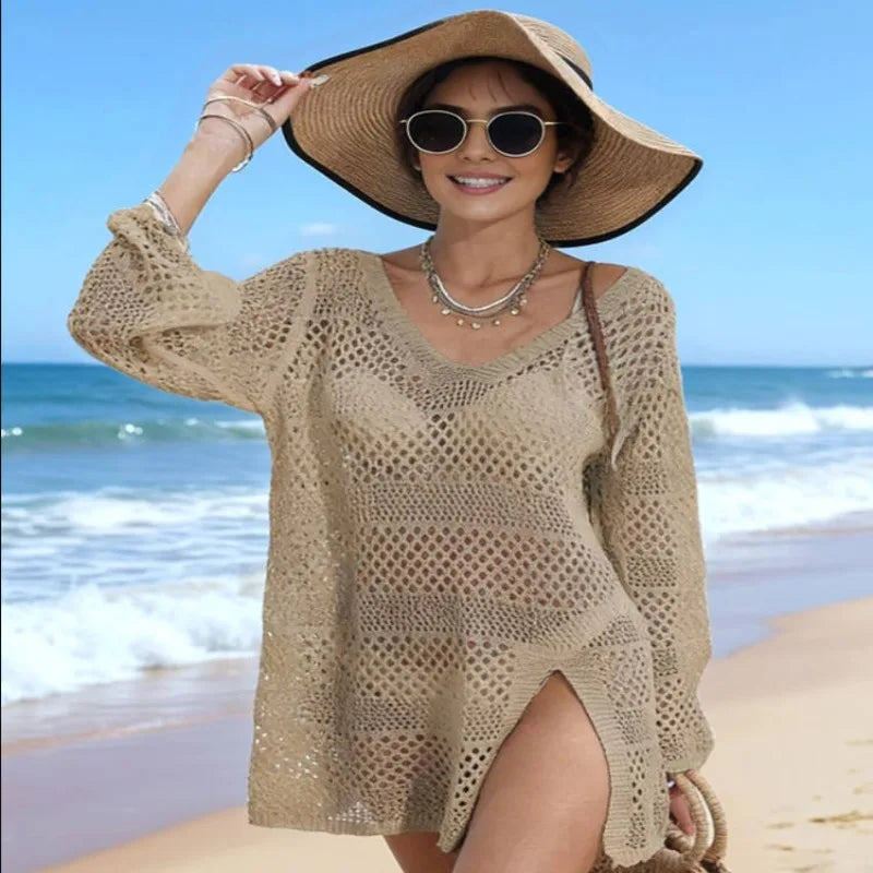 Women'S Swimsuit Cover Up Crochet Bathing Suit Mesh Swimwear Knit Pullover Beach Dress