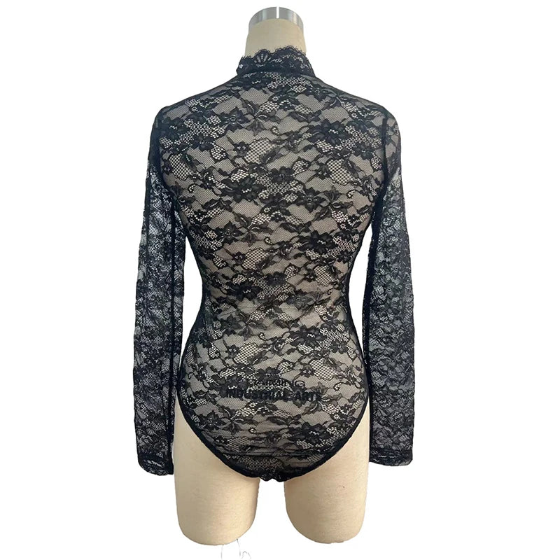 Sexy Lace Bodysuits For Women Fashion Clubwear Long Sleeve Slim See Through Romper Female Jumpsuit Lady Playsuit White Shirt