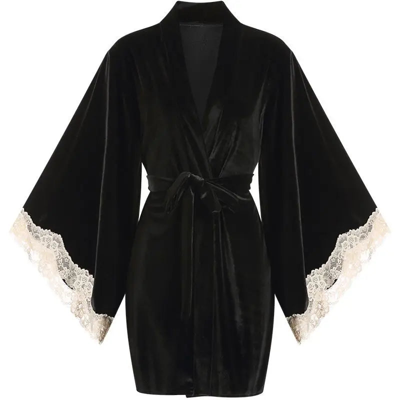 Women Robe Nightwear Lace French Nightgown Sleepwear Hollow out velvet camisole Lingerie Robe 2022 Spring Autumn Set Sexy Sweet