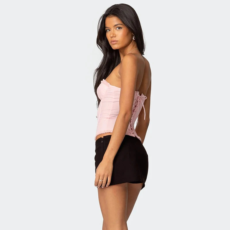 Women Sheer Lingerie Streetwear Lace-up Bustier Corset Tops Slim Backless y2k Tank Top Strapless Striped Sheath Sexy Camisole