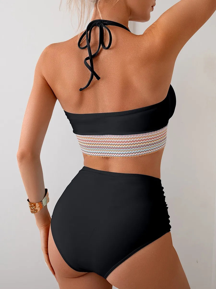 Black Halter Neck Bikini Navy Blue High Waisted Bikinis Olive Green Ruched Waist Swimwear Cropped Top Two Piece Swimsuit