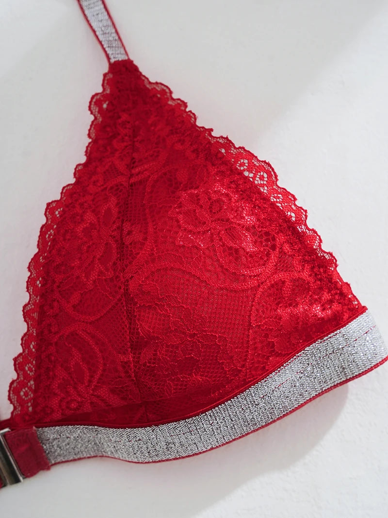 Women Lace Unlined Bras Sexy Wire Free Bralette Underwear Push Up Halter Strap Brassiere Lingerie Front Closure Temptation Bra
