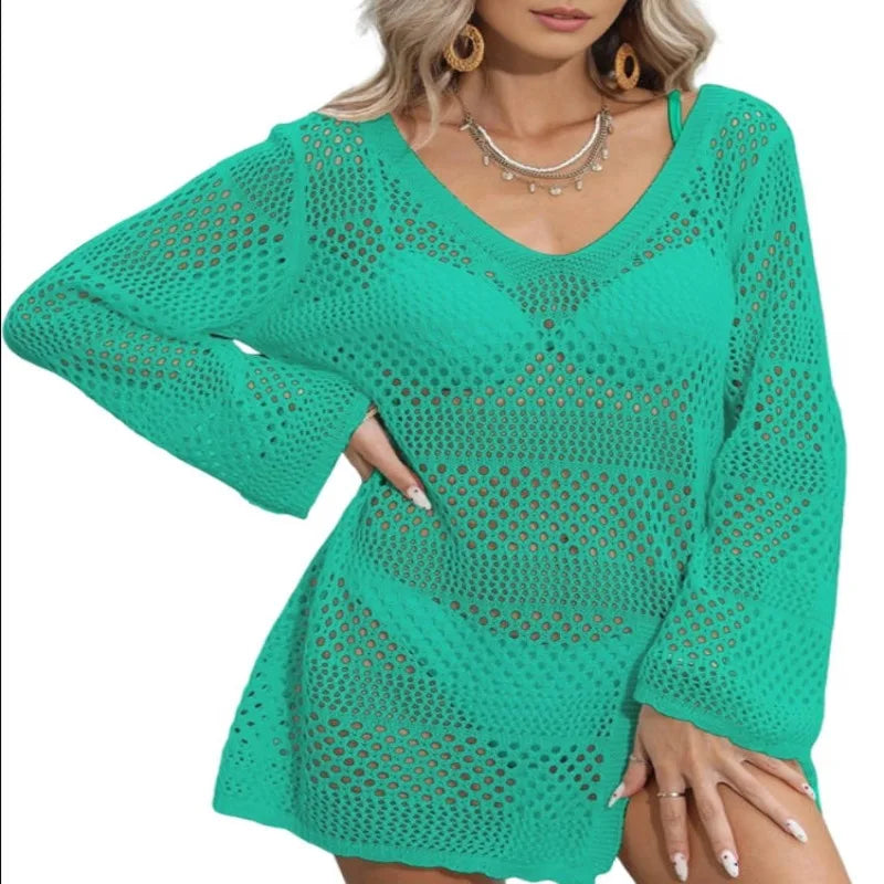 Women'S Swimsuit Cover Up Crochet Bathing Suit Mesh Swimwear Knit Pullover Beach Dress