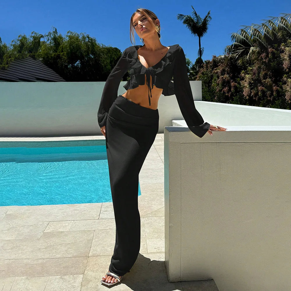Swimwear Skirt Cover-up 2 Piece Set Women Crop Tops And Long Skirt Bathing Suit Fashion Solid Hollow Sexy Beach Cover Up Outfits