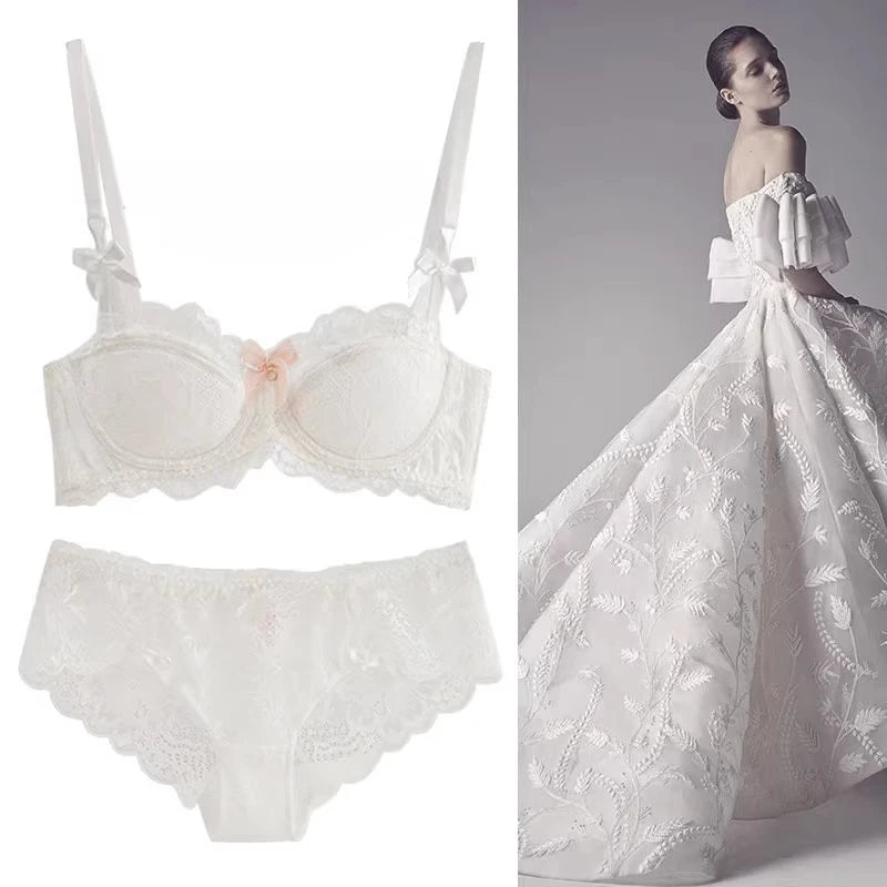 Modest French Pure Desire Bralette AB Cup Full Coverage Lace Bra & Set Small Bust Push Up Wireless for Chubby Girl Bow Plus Size