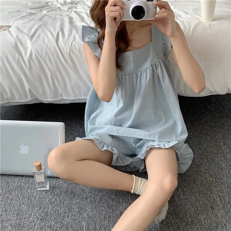 Pajama Sets Women Chic Square Collar Sweet Sleeveless All-match Home Plaid Cozy Sleepwear Korean Style Casual Summer Loose New