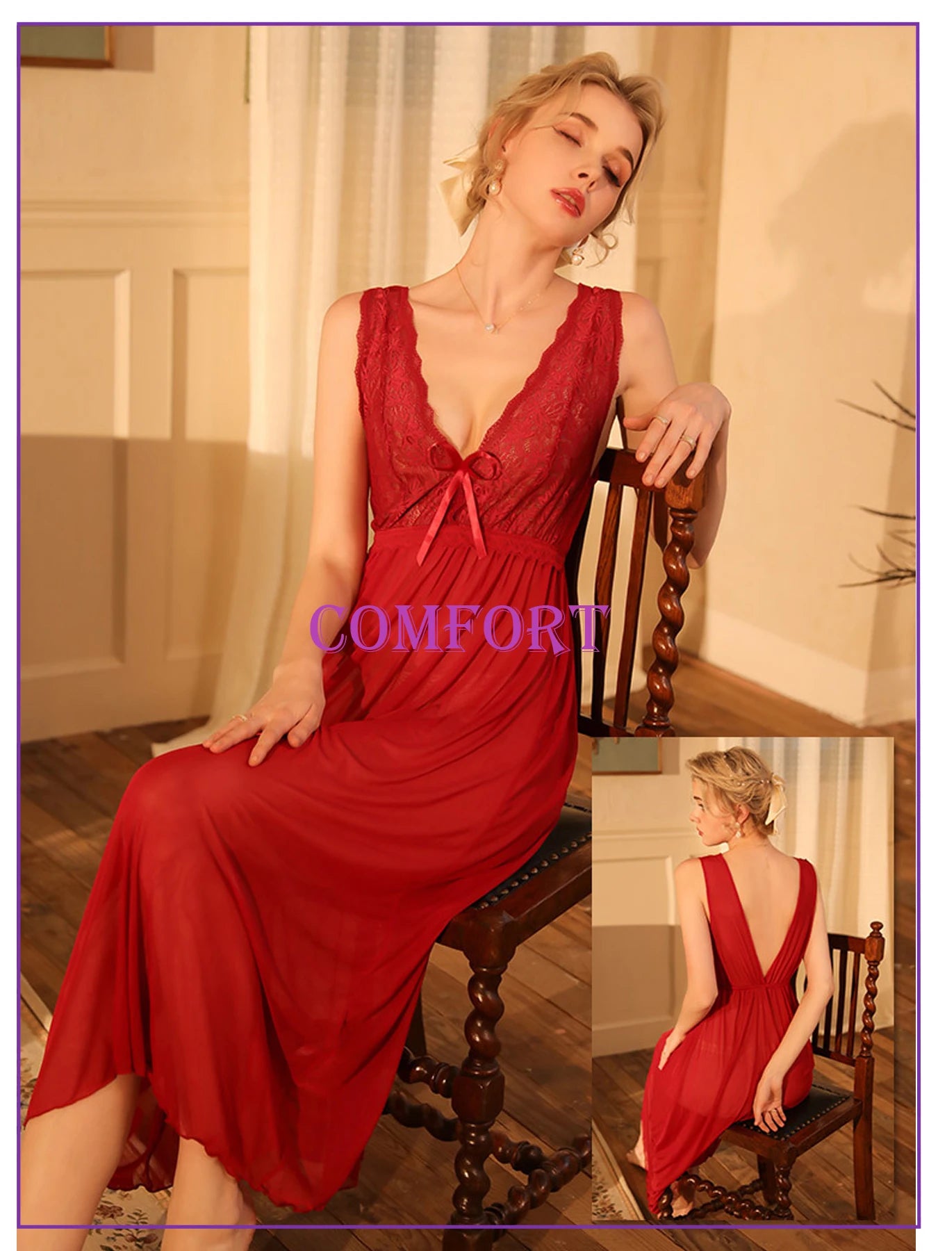 Sexy Women Lingerie Dress Set Lace Splicing Mesh Long Deep V Backless Nightgown Set Homewear All Season
